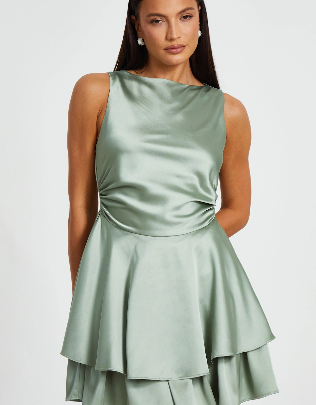 Light Green Satin Tiered Skater Dress, 2 of 1