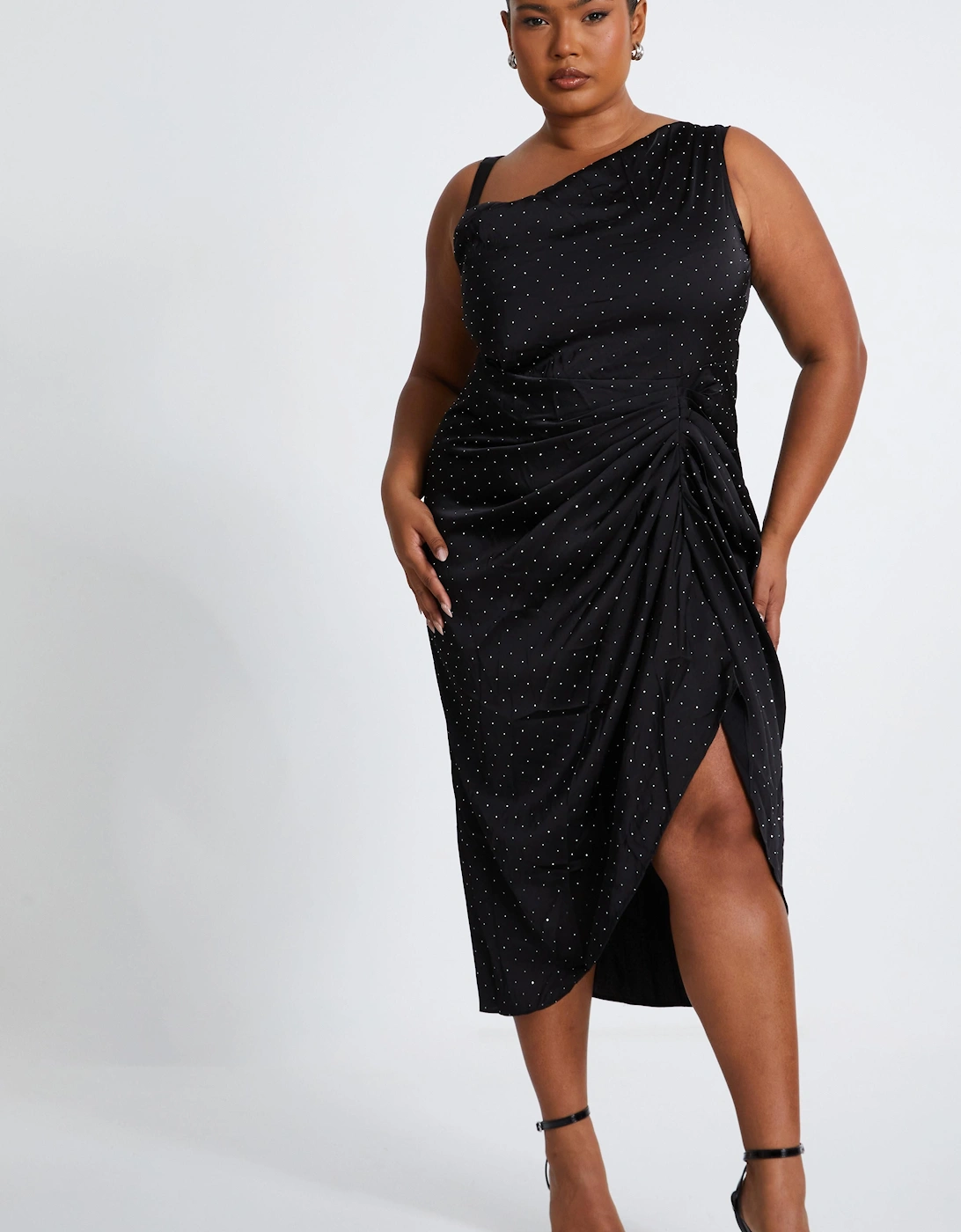 Black Curve Diamante Satin Midi Dress, 2 of 1