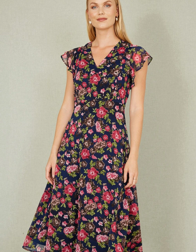 Navy Floral Midi Skater Dress