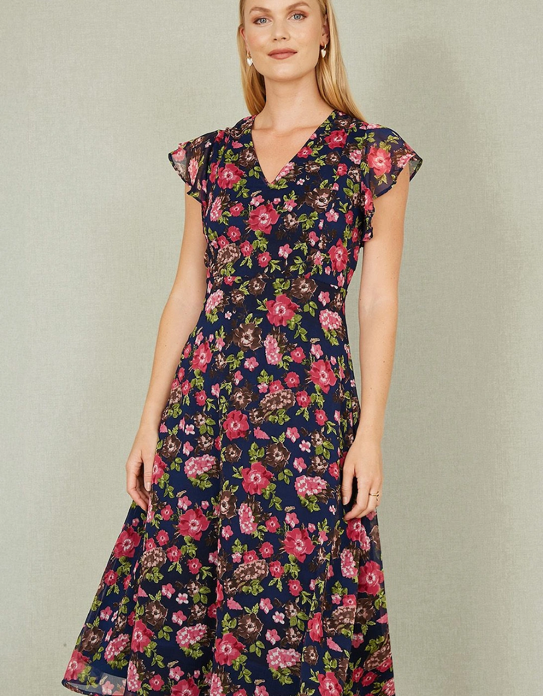 Navy Floral Midi Skater Dress, 2 of 1