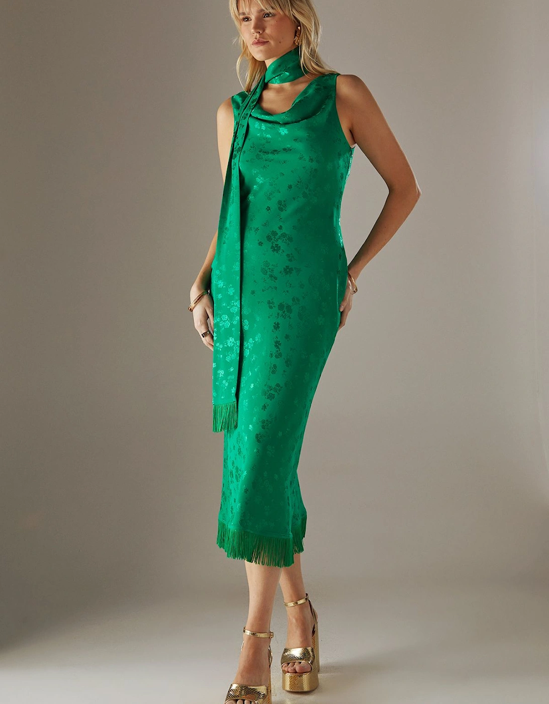Satin Jacquard Cowl Scarf Neck Fringe Midi Slip Dress, 2 of 1