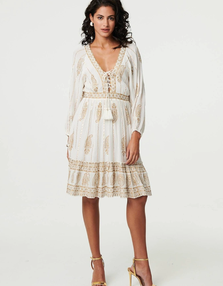 Paisley Flared Sleeve Knee Length Dress