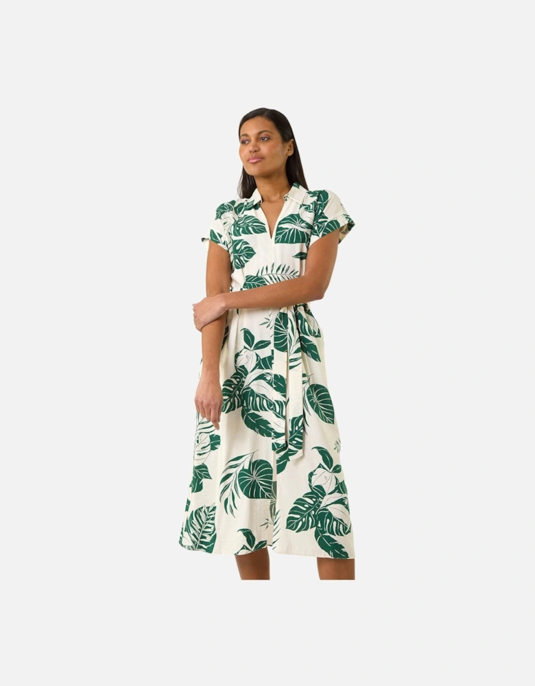 Leaf Print Belted Shirt Midi Dress