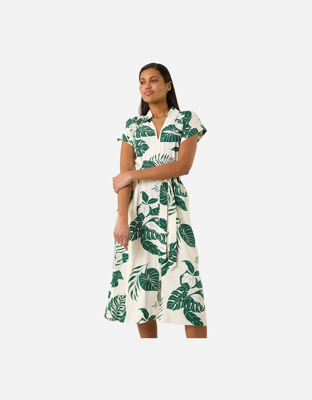 Leaf Print Belted Shirt Midi Dress, 2 of 1