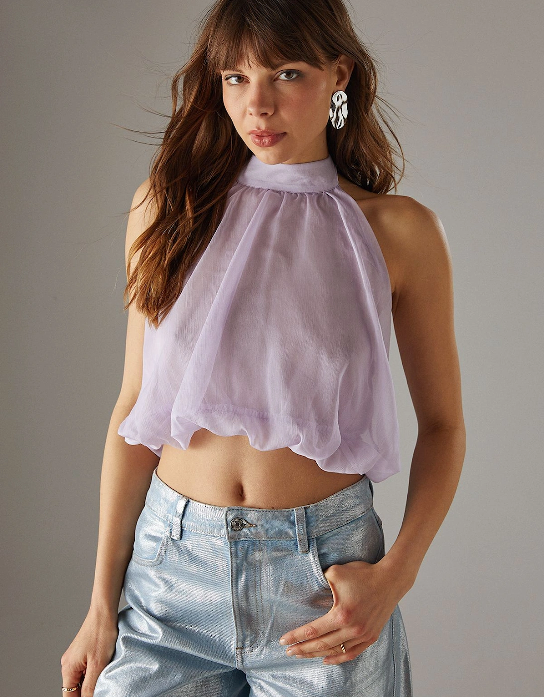 Chiffon Halter Bubble Crop Top, 2 of 1