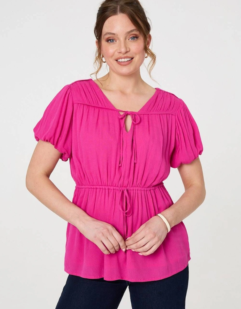 Ruched Short Puff Sleeve Peplum Blouse