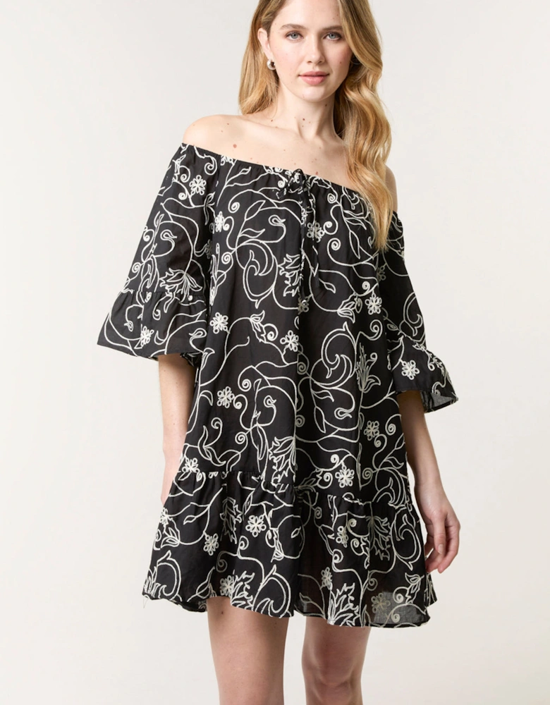 Black Embroidered Smock Dress