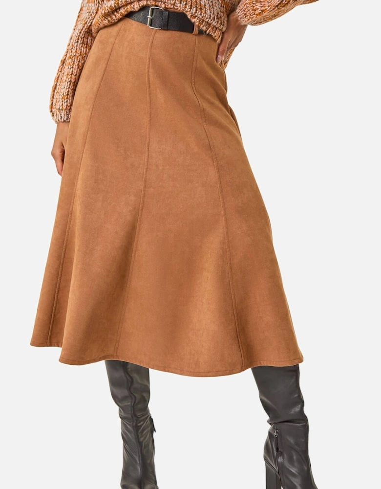 Belted Faux Suede Midi Skirt