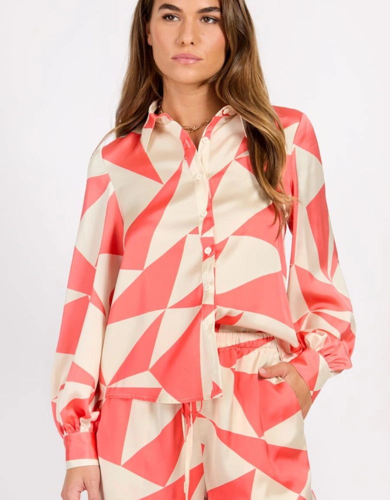 Coral Geo Print Satin Shirt