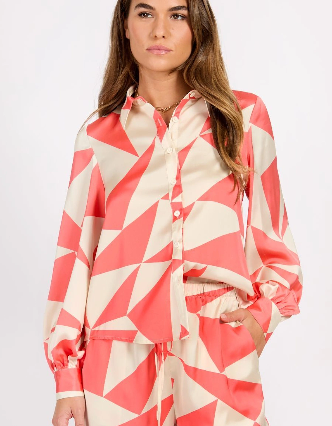 Coral Geo Print Satin Shirt, 2 of 1