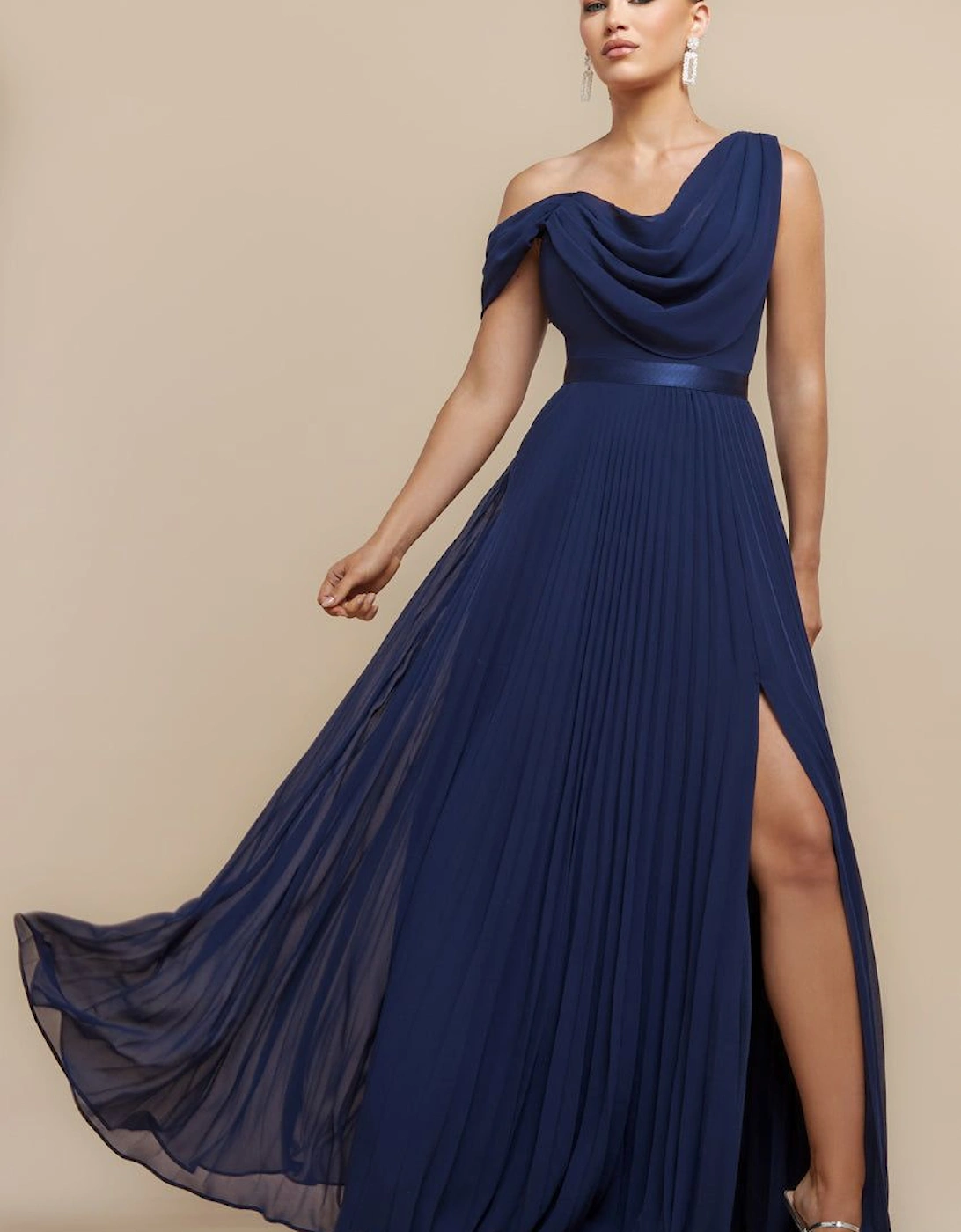 Cowl Neck One Shoulder A Line Chiffon Maxi Dress, 2 of 1