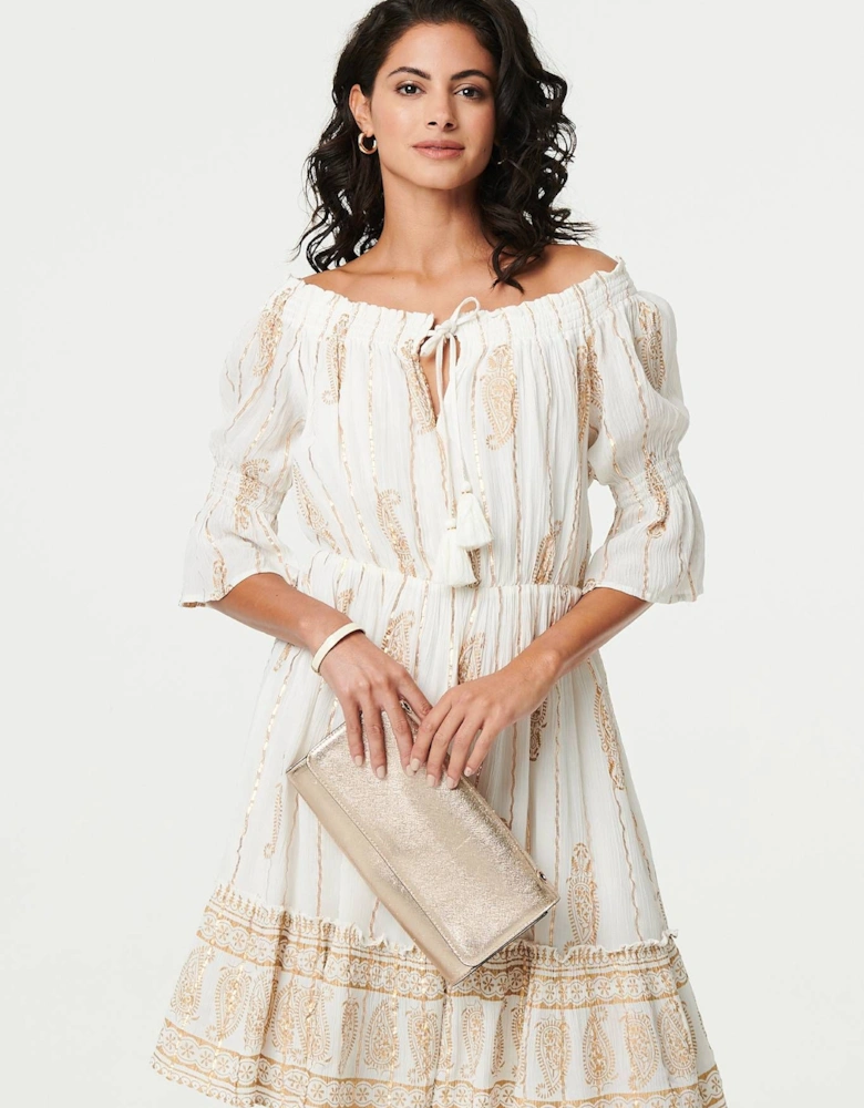 Ikat Print Knee Length Bardot Dress