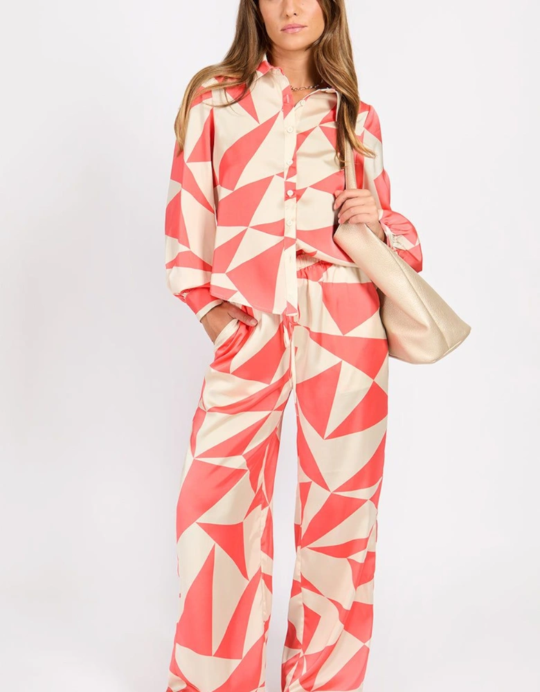 Coral Geo Print Satin Trousers