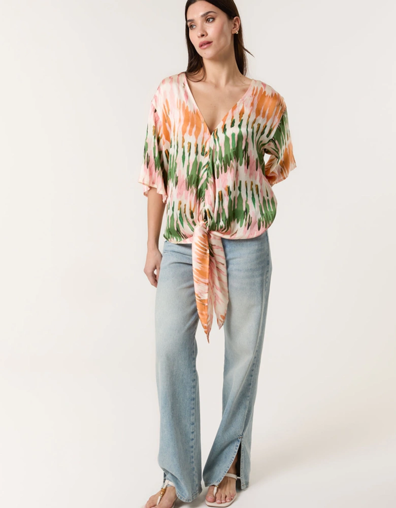 Multi Satin Tie Front Blouse