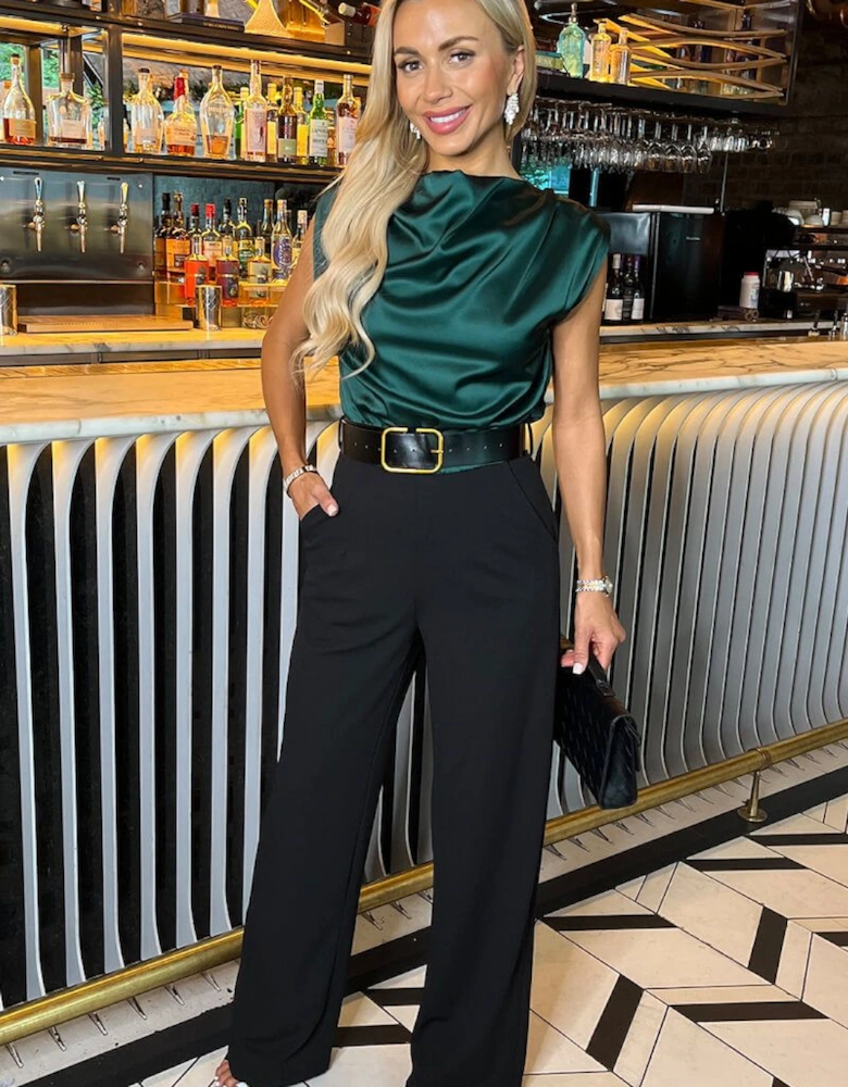 Teal 2 in 1 Draped Neck Belted Wide Leg Jumpsuit