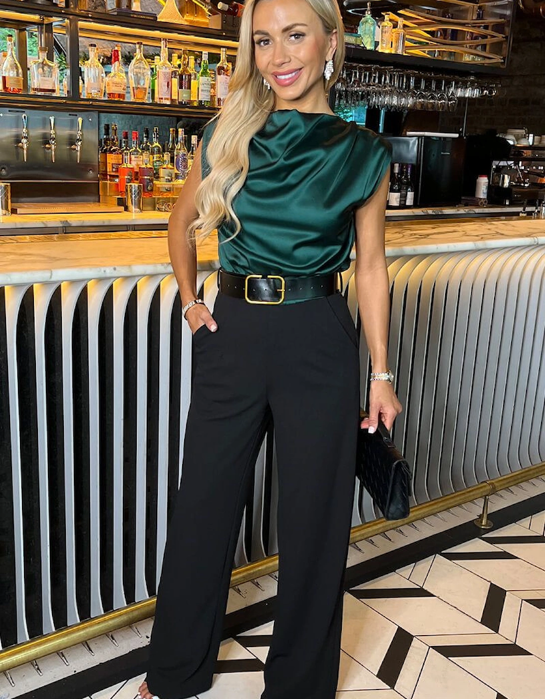 Teal 2 in 1 Draped Neck Belted Wide Leg Jumpsuit, 2 of 1