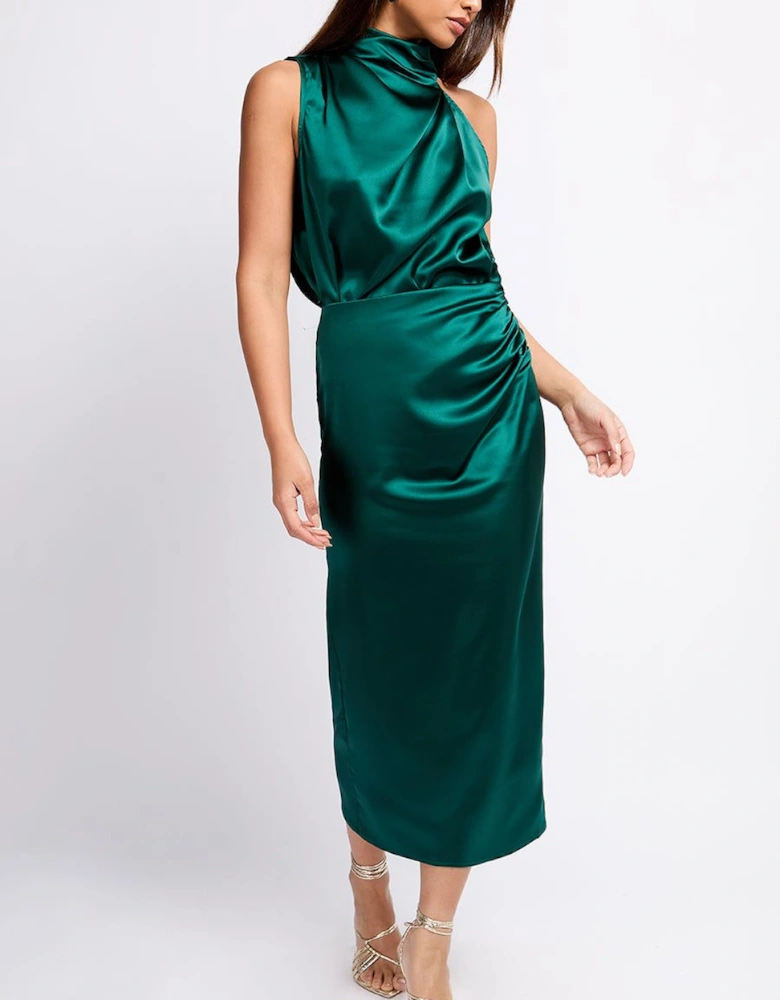 Green Satin Drape Midaxi Skirt