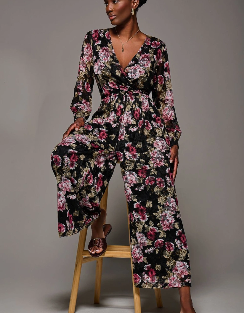 Lace Wrap Tie Waist Long Sleeve Jumpsuit
