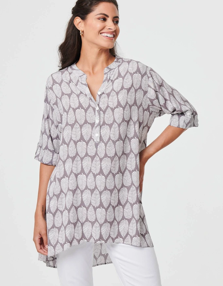 Leaf Print 1/2 Sleeve Curve Hem Blouse