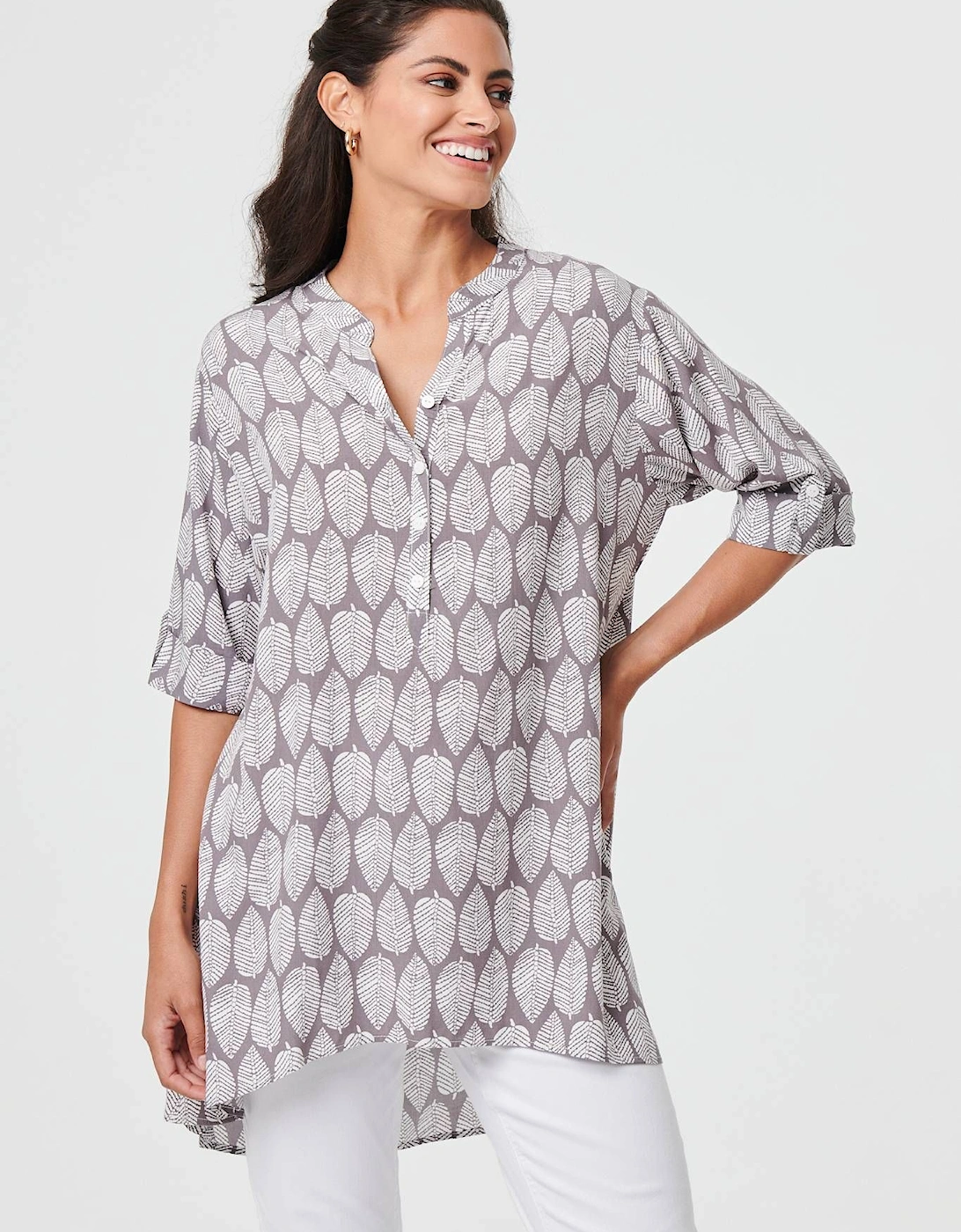 Leaf Print 1/2 Sleeve Curve Hem Blouse, 2 of 1
