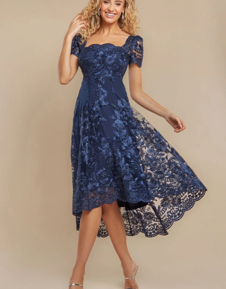 Scalloped Neck Embroidered Lace High Low Midi Dress