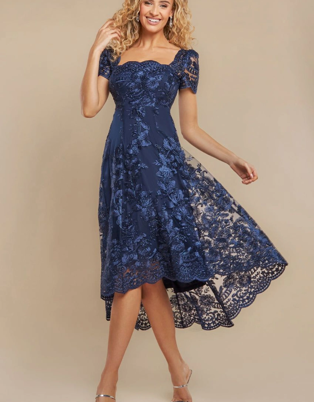 Scalloped Neck Embroidered Lace High Low Midi Dress, 2 of 1