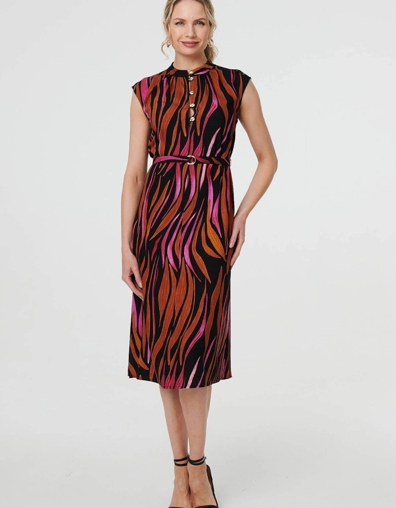 Striped Cap Sleeve Belted Midi Dress