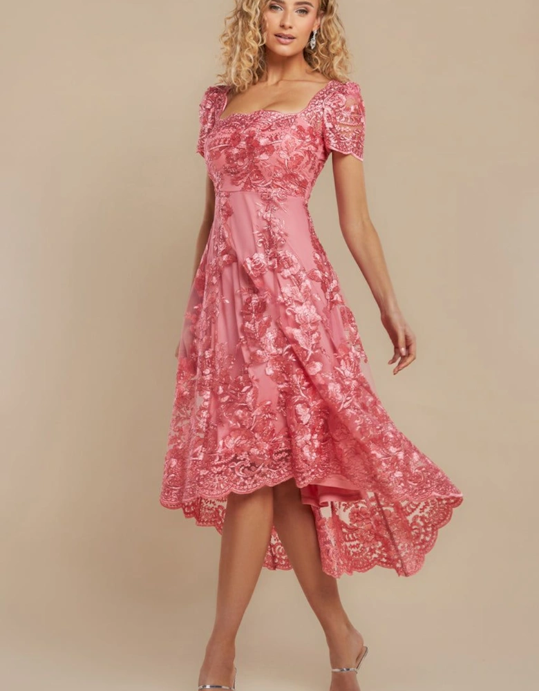 Scalloped Neck Embroidered Lace High Low Midi Dress