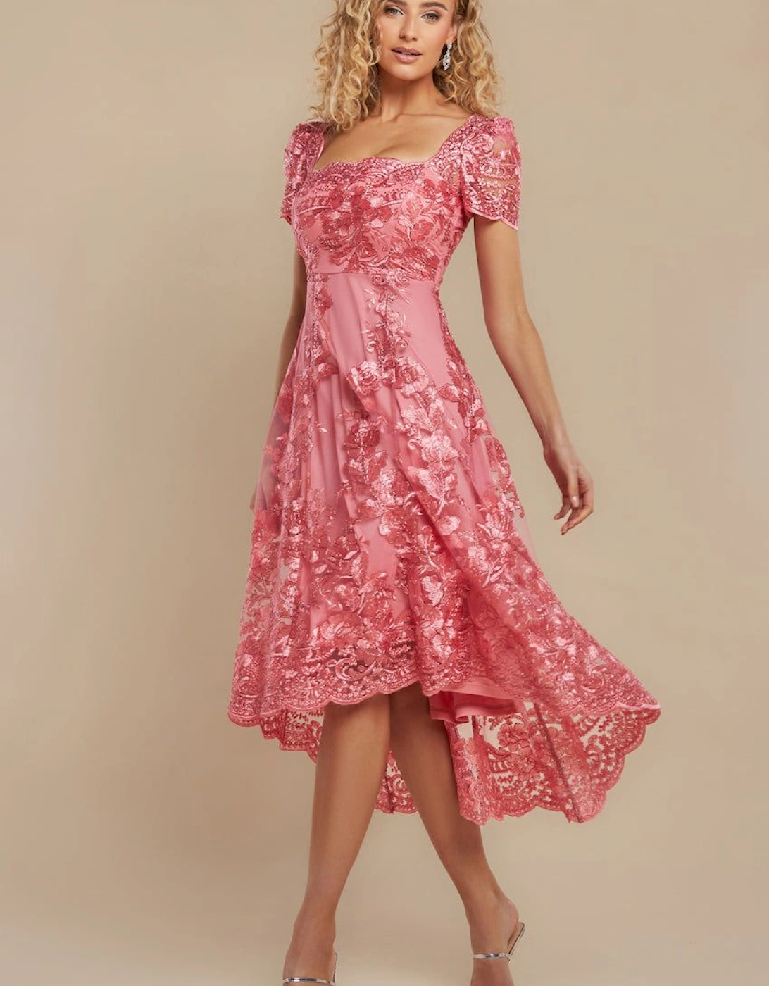 Scalloped Neck Embroidered Lace High Low Midi Dress, 2 of 1