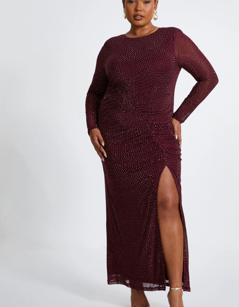Wine Curve Mesh Midaxi Dress