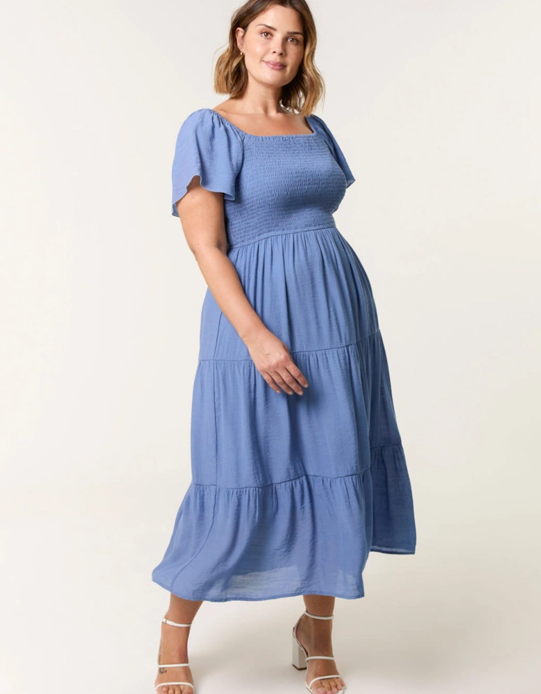 Blue Curve Flutter Sleeve Midi Dress