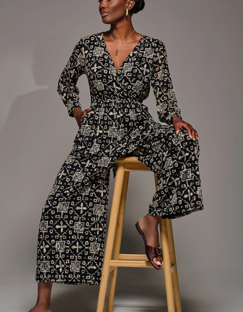 Lace Wrap Tie Waist Long Sleeve Jumpsuit