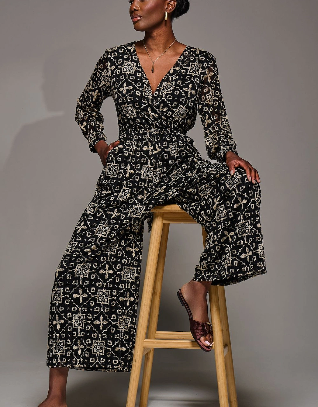 Lace Wrap Tie Waist Long Sleeve Jumpsuit, 2 of 1