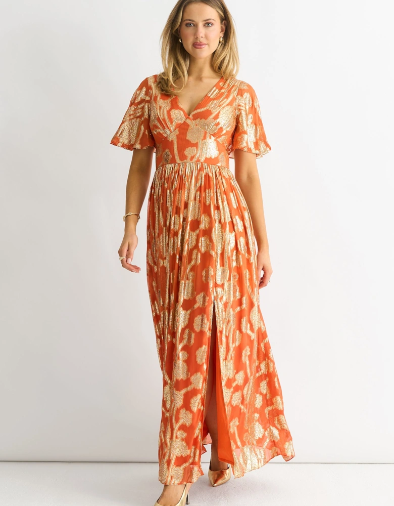Orange Metallic Jacquard Flutter Sleeves Maxi Dress