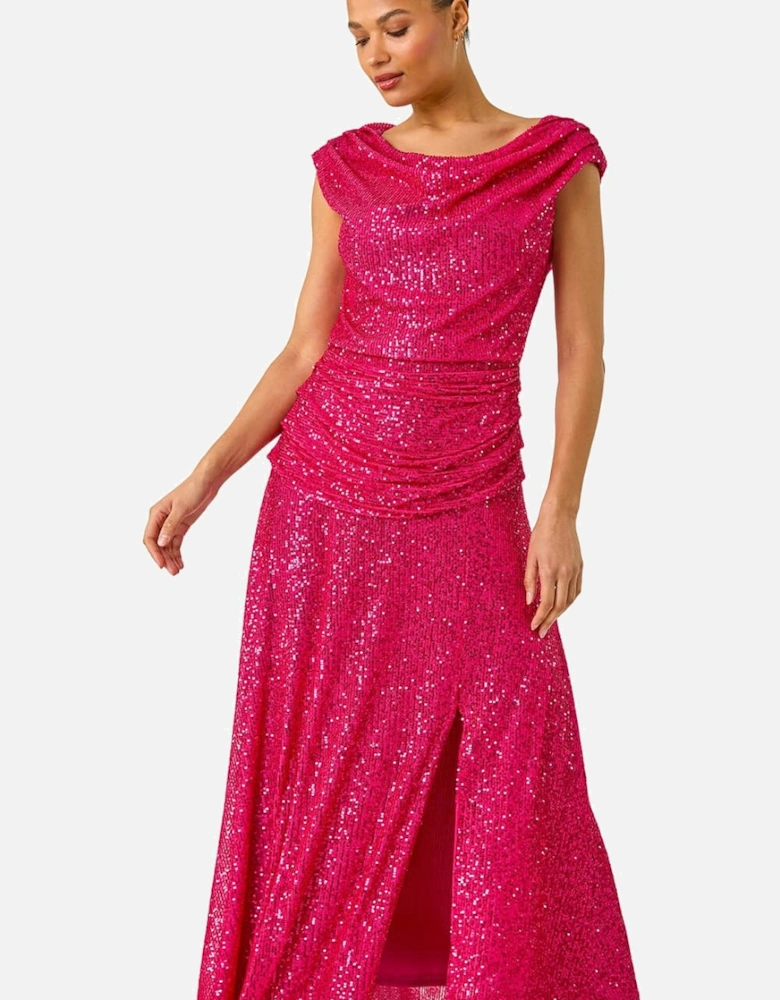Sequin Cowl Neck Maxi Stretch Dress