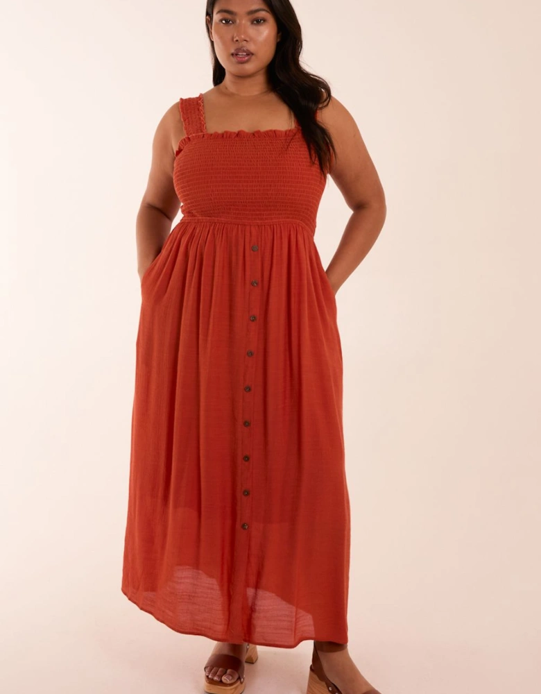 Curve Shirred Bust Button Down Midi Dress