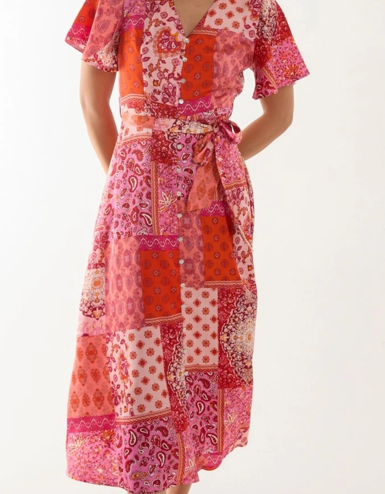 Patchwork Button Through Belted Midi Dress
