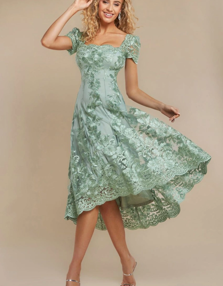 Scalloped Neck Embroidered Lace High Low Midi Dress