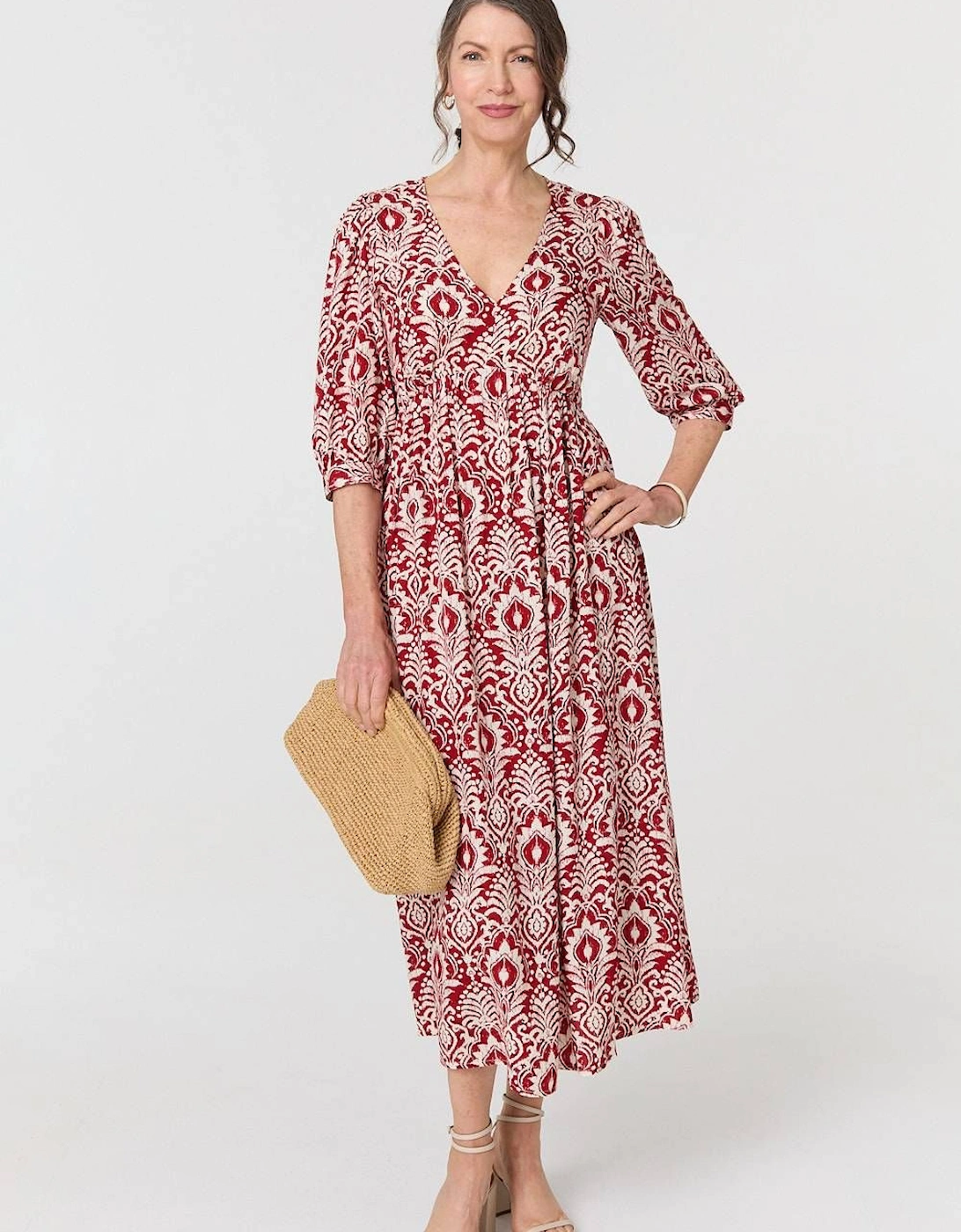 Printed Ruched 3/4 Sleeve Midi Dress, 2 of 1