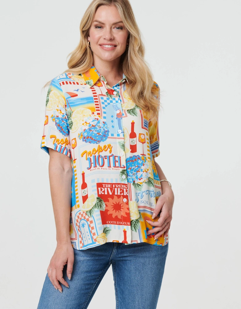 Printed Short Sleeve Curve Hem Shirt
