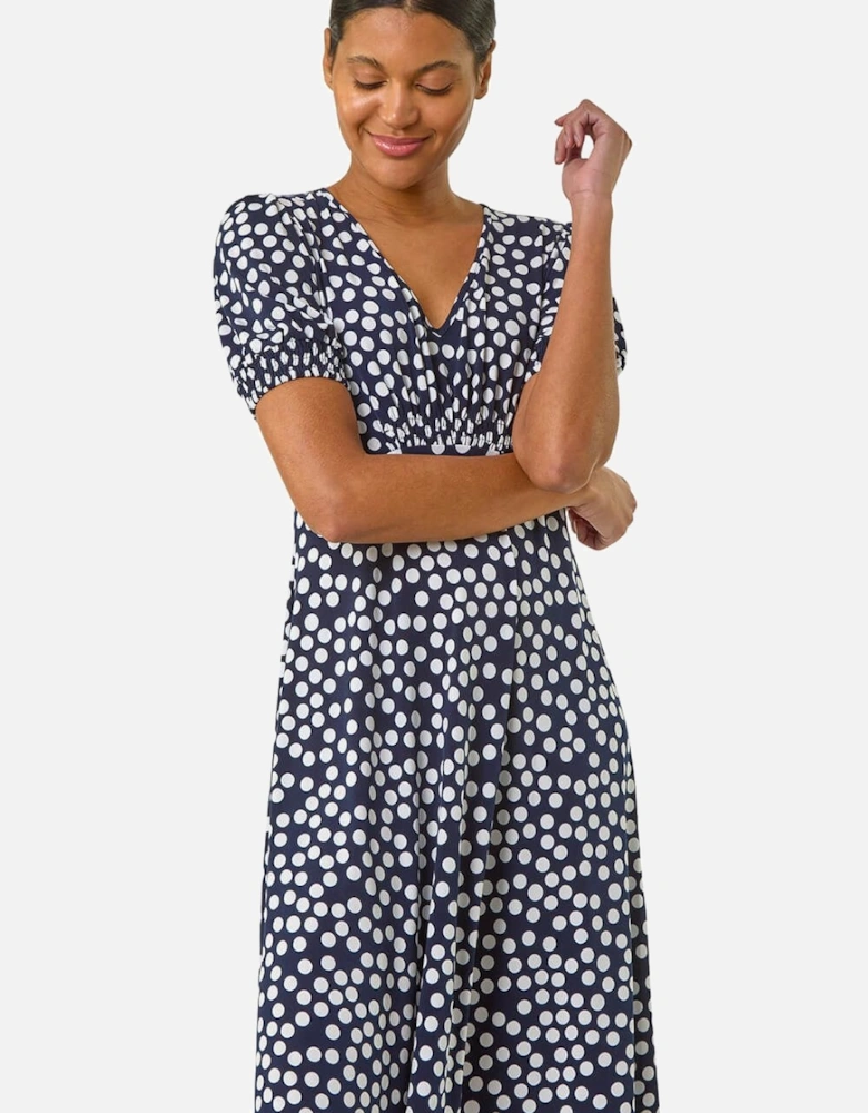 Spot Print Gathered Midi Dress