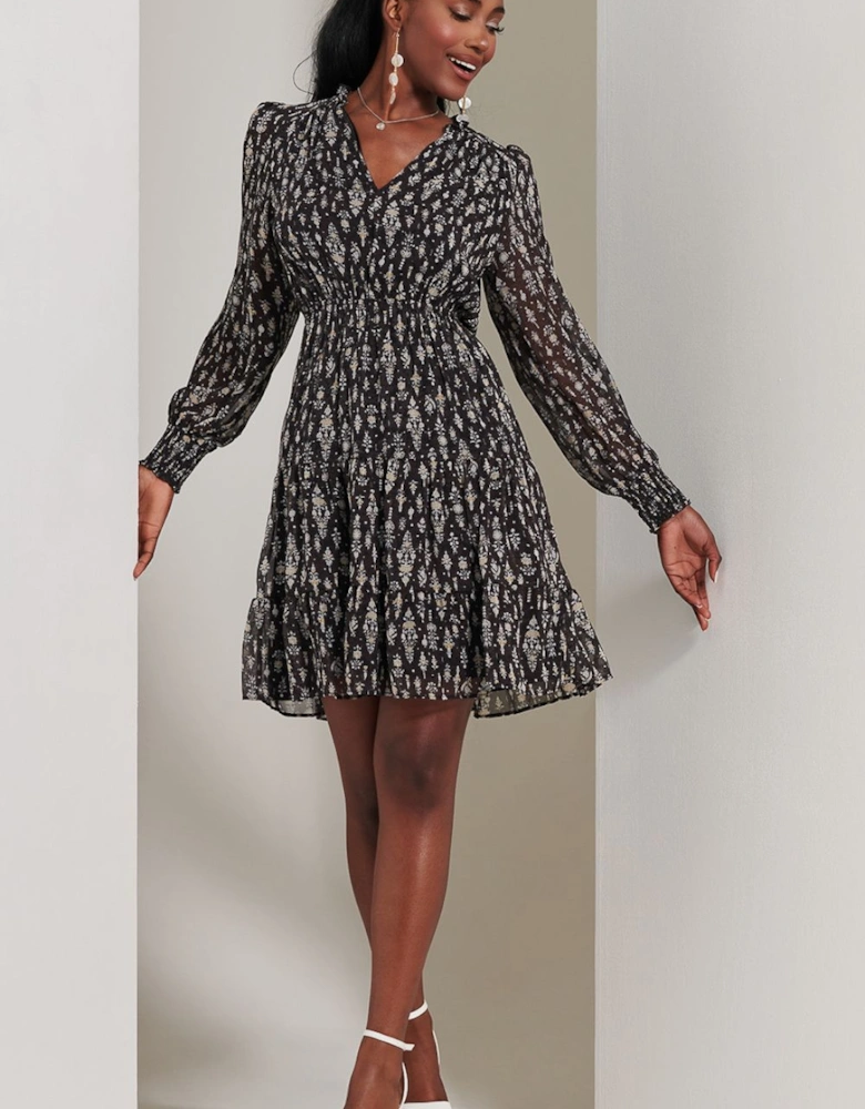 Long Sleeve Chiffon Tiered Mini Dress