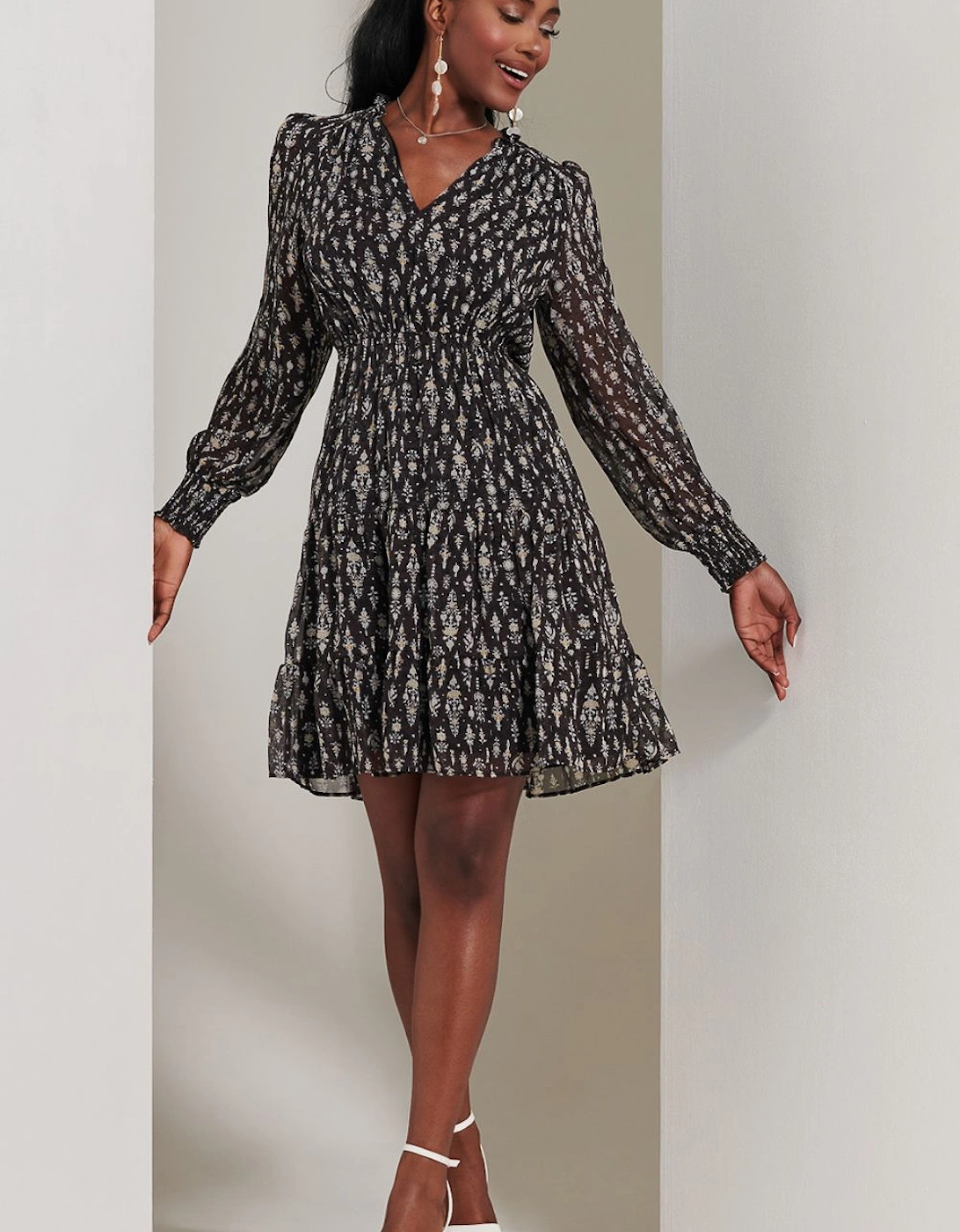 Long Sleeve Chiffon Tiered Mini Dress, 2 of 1