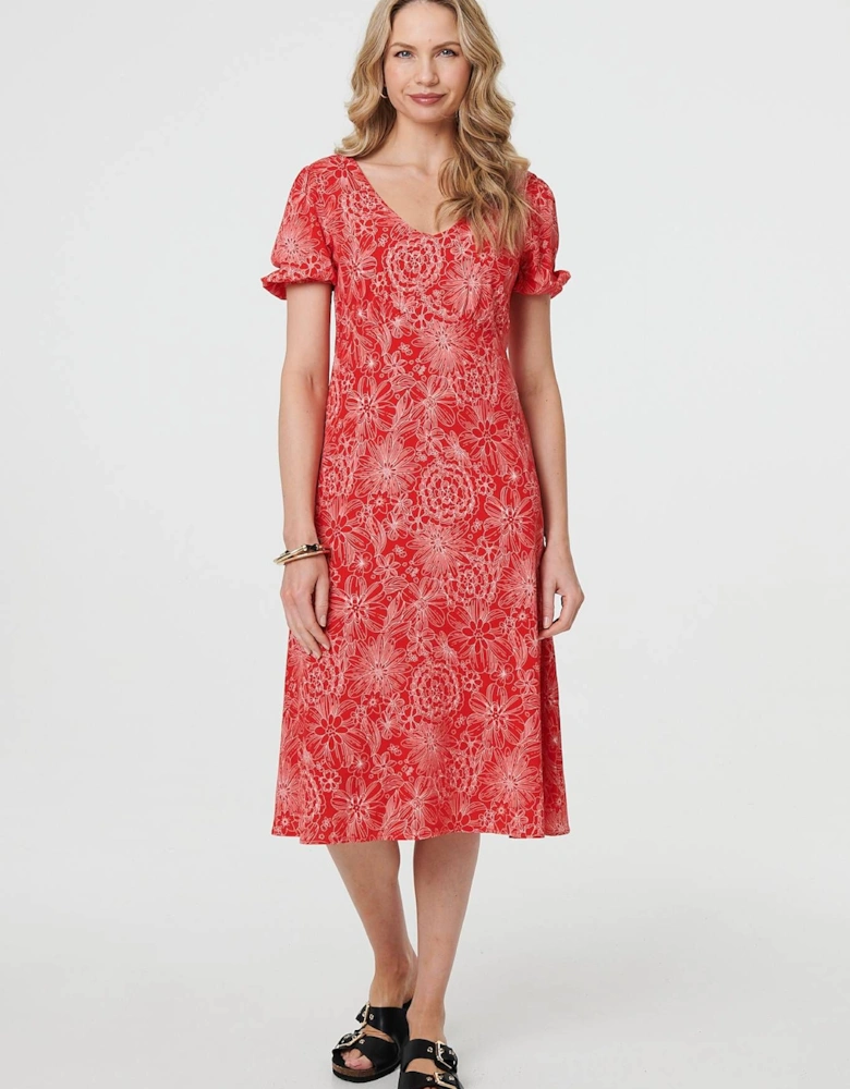 Printed Short Puff Sleeve Midi Dress