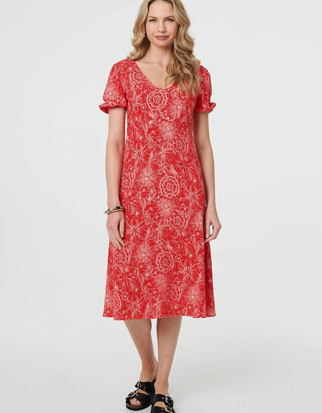 Printed Short Puff Sleeve Midi Dress, 2 of 1