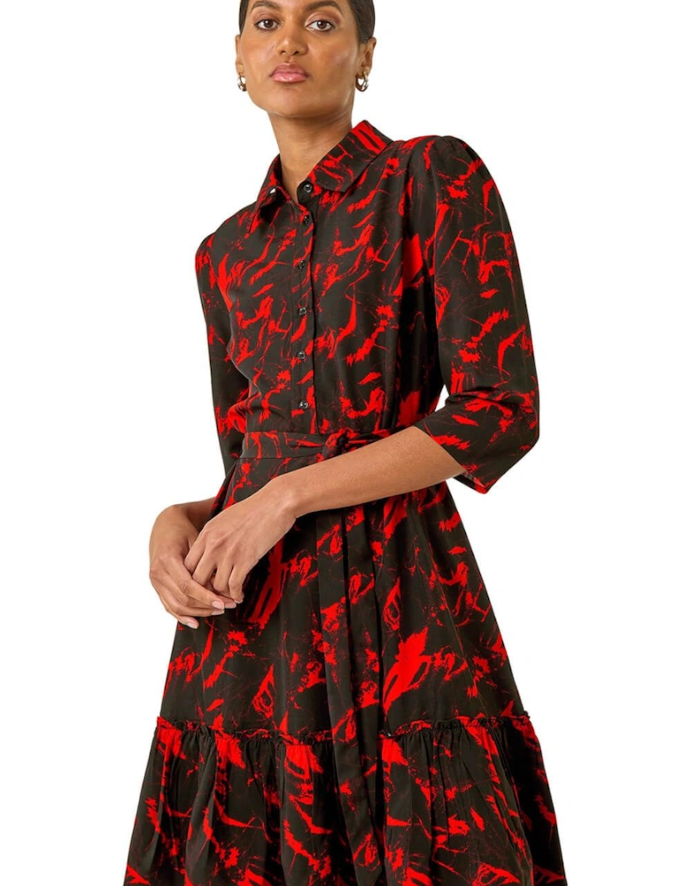 Abstract Print Tie Waist Shirt Dress
