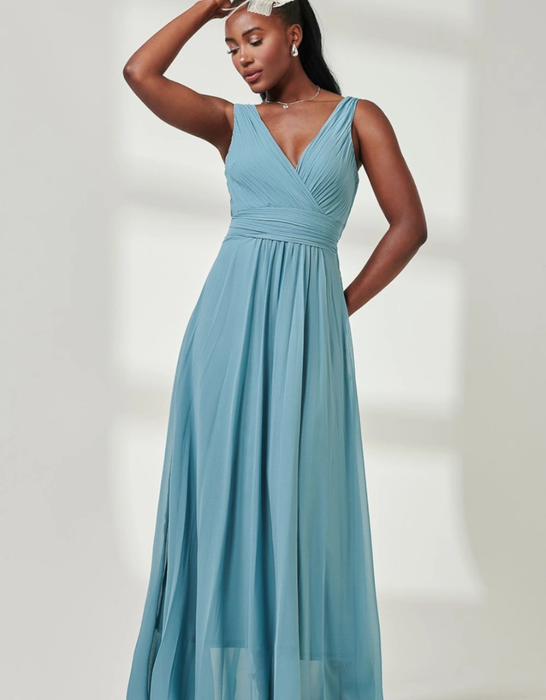 Pleated Bodice Chiffon Maxi Dress