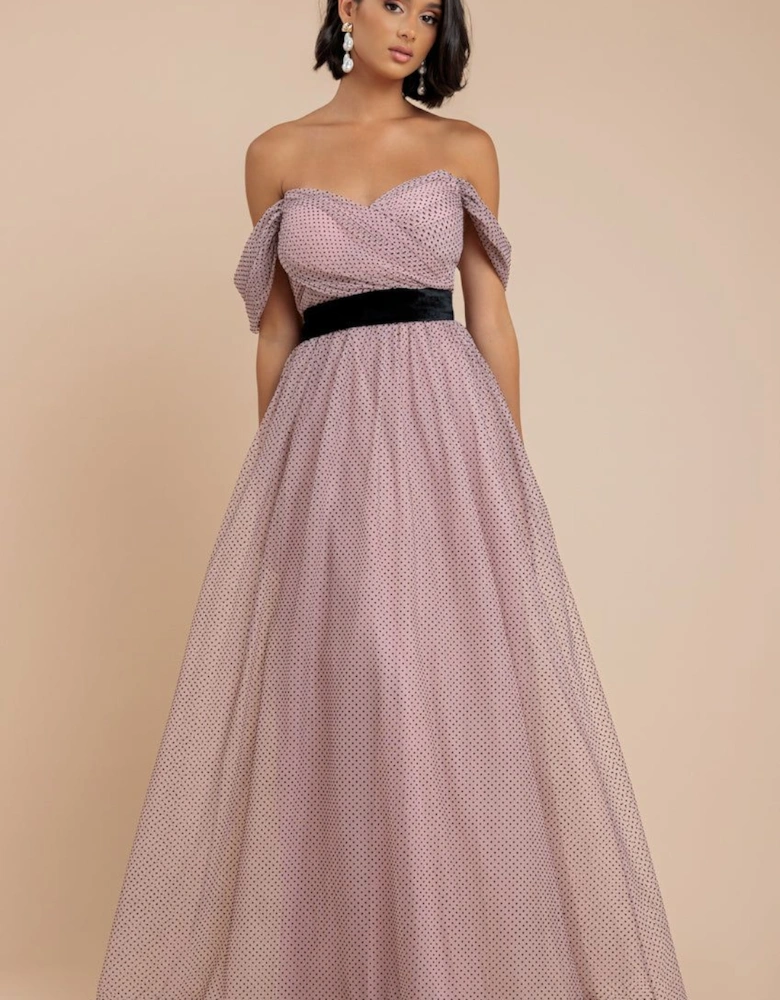 Dobby Mesh Off The Shoulder Princess Maxi Dress