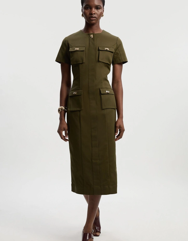 Techno Short Sleeve Hardware Detail Woven Midi Dress