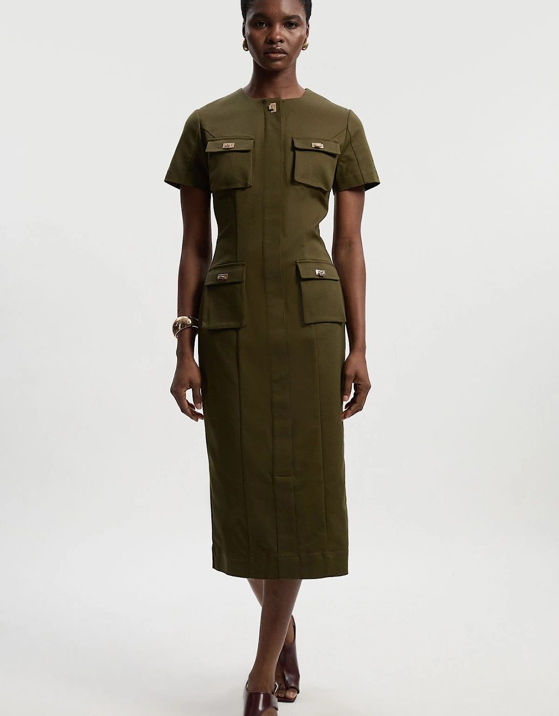 Techno Short Sleeve Hardware Detail Woven Midi Dress, 2 of 1